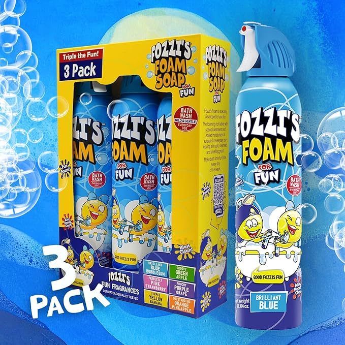 FOZZI’S Brilliant Blue Bath Foam Soap for Kids (3 Pack) - Fun Aerosol Spray - Fluffy Bubble Soap for Playtime - Gentle Cleanser Foaming Body Wash - Safe Bath Fun for Everyday Wash