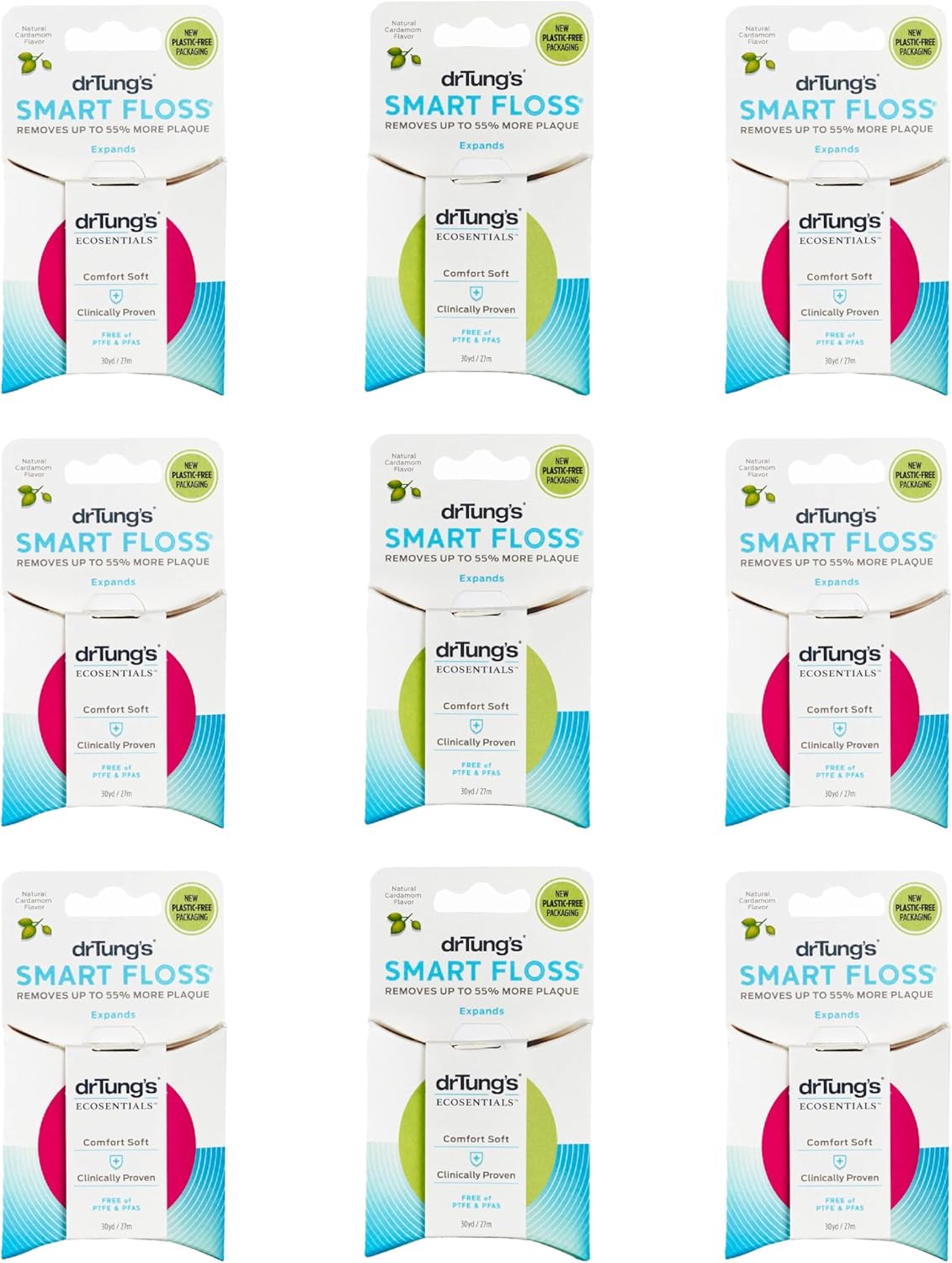 DrTung's Smart Floss - Natural Floss, PTFE & PFAS Free Floss, Gentle on Gums, Expands & Stretches, BPA Free - Natural Dental Floss Cardamom Flavor (Pack of 9)