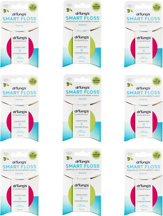 DrTung's Smart Floss - Natural Floss, PTFE & PFAS Free Floss, Gentle on Gums, Expands & Stretches, BPA Free - Natural Dental Floss Cardamom Flavor (Pack of 9)