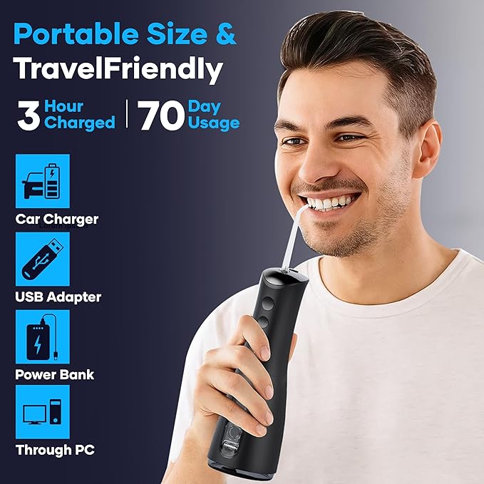 Cordless Water Flosser, Water Dental Flosser, Rechargeable Irrigation Cleaner,4 Modes Portable Water Flosser with 5 Nozzles, Water Flossers for Teeth, Dental Tools (Black)