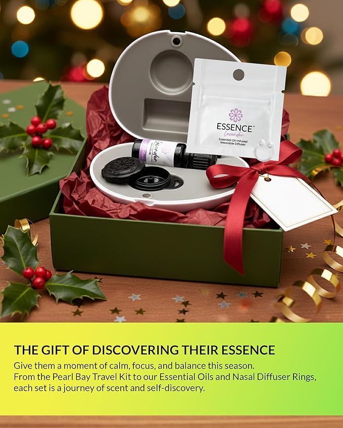 Essence Pearl Travel Case - Wearable Aromatherapy Kit with Nasal Diffuser Rings, Soaking Bay, and 5mL Essential Oil – Portable Wellness Gift Set for On-The-Go Self Care