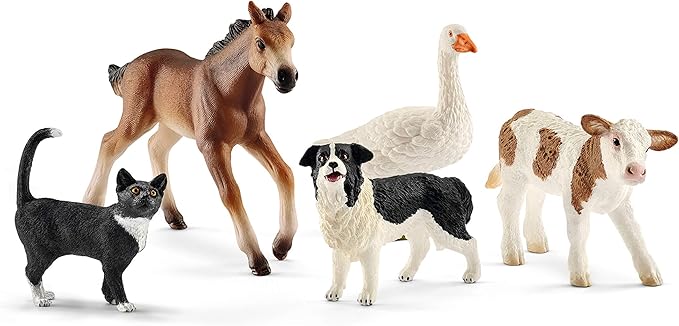 Schleich Farm World - 5PC Realistic Farm Animal Figurines for Boys and Girls - Realistic Barn Animal Playset with Cow, Cat, Dog, Goose and Horse - Barnyard Figures for Toddlers - Kids Ages 3+ | 45784