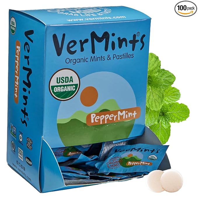 VerMints Organic Breath Mints PepperMint Candy Mints - Real Ingredients, Lasting Refresh - Travel Size Candies - Non-GMO, Vegan, Nut Free, Gluten Free & Kosher Peppermints - 100 Packets