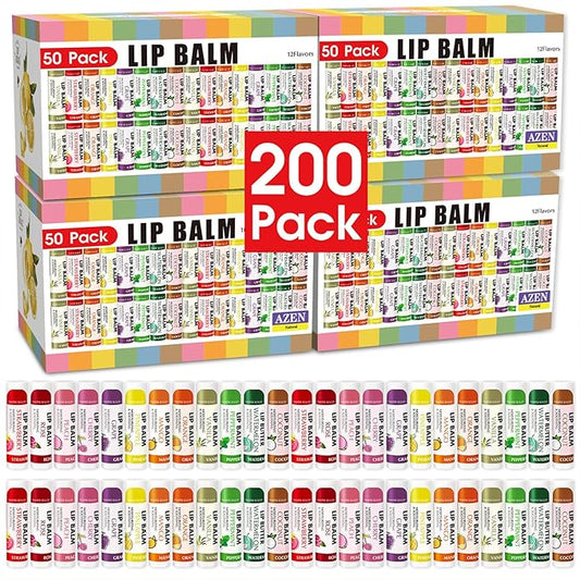 AZEN 200 Pack Lip Balm, Natural Lip Balm Bulk, Lip Care Product, Moisturizing Lip Balms for dry cracked lips - 12 Flavors