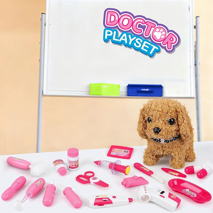 33Pcs Pet Doctor Kit for Toddlers - Dress Up Costume & Pretend Doctor Play Set with Dog Toy, Stethoscope, Pet Vet Roleplay Toys, Christmas Birthday Gifts for Ages 3 4 5 6 7 8 Year Old Boys Girls