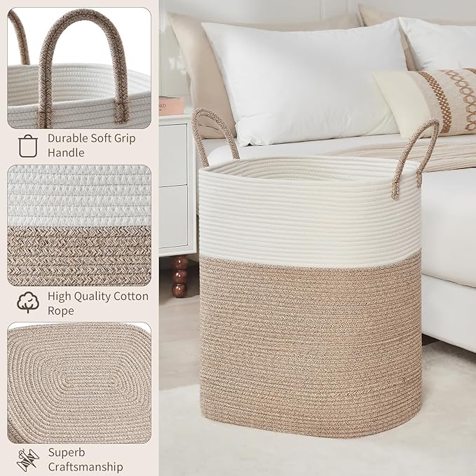 Laundry Basket with Handles - Blanket Basket & Hampers for Bedroom Aesthetic, Laundry Hamper & Blanket Storage for Living Room, Clothes Hamper, Tall, Large 17" x 14" x 26”, White & Rice Brown