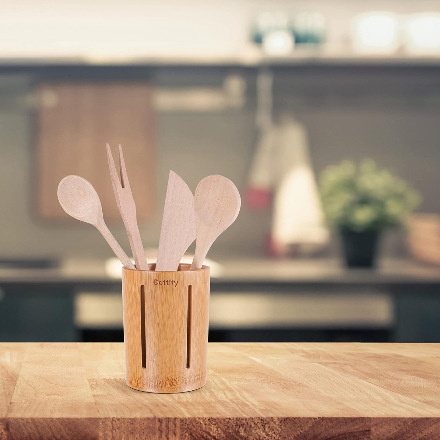 Cottify Bamboo Toothbrush Holder with Drainage, Quick Drying Bathroom Cup Holder, Toothpaste Holder, Wood Toothbrush Drainer, Stripes Glossy