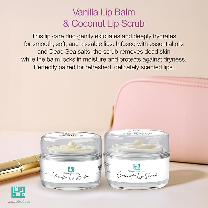 Juman Dead Sea Minerals Lip Scrub & Balm Set | Lip Exfoliator Scrub & Moisturizing Lip Balm | Vanilla & Coconut | Hydrates & Protects | With Essential Oils | Vegan | SLS & Paraben-Free
