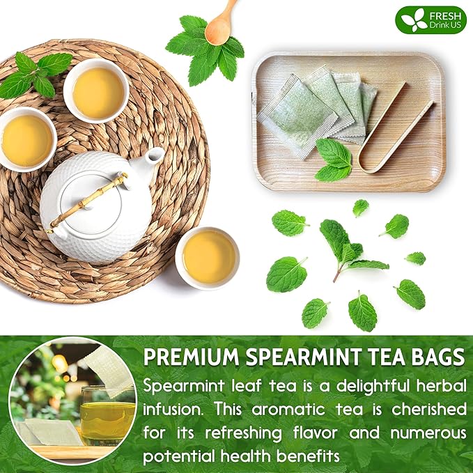 FreshDrinkUS Premium 135 Spearmint Tea Bags, 100% Natural & Pure Spearmint Leaves. Loose Leaf Herbal Tea. No Sugar, No Caffeine, No Gluten, Vegan
