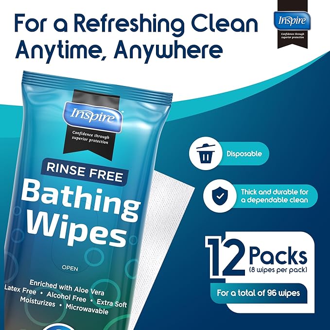 Inspire Thick Rinse Free Body Wipes, Extra Large Washcloths For Adults, Aloe Vera Enriched