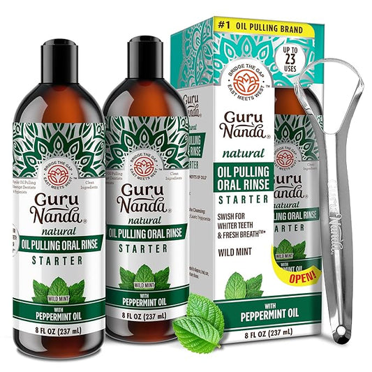 GuruNanda Starter Pulling Oil Mouthwash for Natural Teeth Whitening, Coconut and Peppermint Oil for Fresh Breath & Happy Gums, with Tongue Scraper, Alcohol-Free, 2X8 Oz