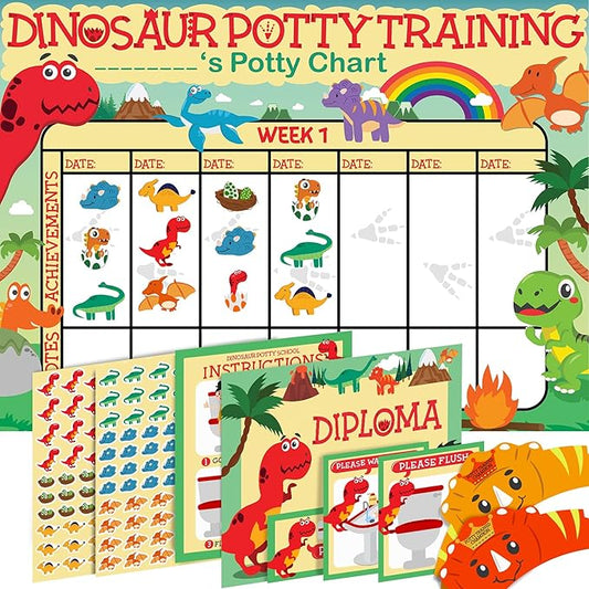 Potty Training Chart for Toddlers, Dinosaur Design Reward Chart - 194 Cool Stickers, 2 Fun Crowns, Motivational Certificate, Bonus Instruction Cards, Booklet & Erasable Pen for Boys and Girls