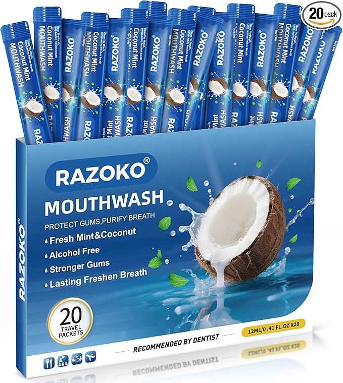 RAZOKO Mouthwash Travel Size-Portable Fresh Mint Packets,Alcohol & Fluoride Free Mouthwash,Disposable Oral Care Strips (0.41 Fl Oz (Pack of 20), Coconut)