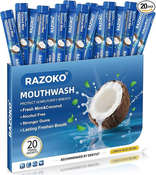 RAZOKO Mouthwash Travel Size-Portable Fresh Mint Packets,Alcohol & Fluoride Free Mouthwash,Disposable Oral Care Strips (0.41 Fl Oz (Pack of 20), Coconut)