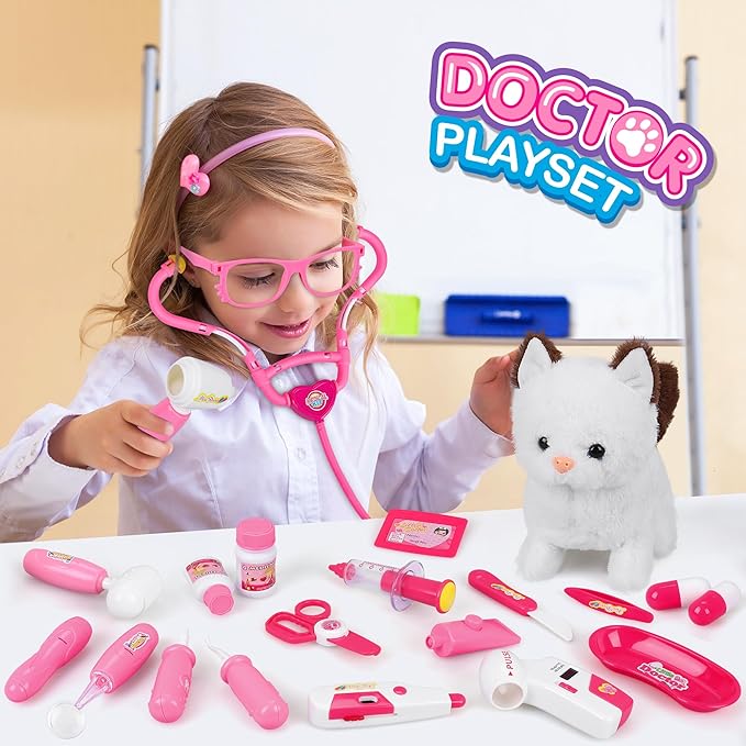 33Pcs Pet Doctor Kit for Toddlers - Dress Up Costume & Pretend Doctor Play Set with Cat Toy, Stethoscope, Pet Vet Roleplay Toys, Christmas Birthday Gifts for Ages 3 4 5 6 7 8 Year Old Boys Girls