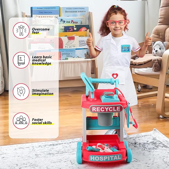 Liberry Doctor Kit for Toddlers Ages 2 3 4 5, Pretend Kids Doctor Playset with Cart, Costume and Stethoscope, Role Play Medical Toys Christmas Birthday Gift for Girls Boys (Red)
