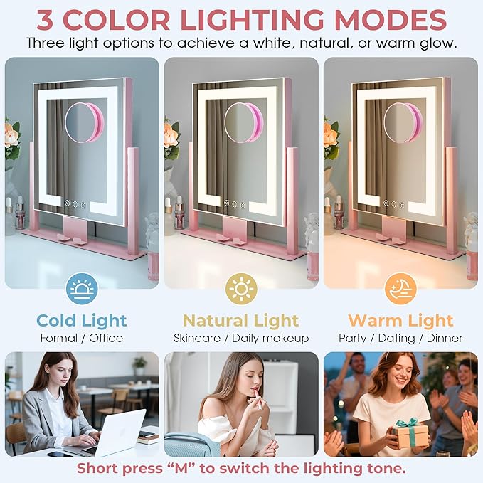 Kottova Vanity Mirror with Lights, Lighted Makeup Mirror, Smart Touch Control, Dimmable 3-Color Lights, Lighted Mirror with Detachable 10X Zoom Mirror, 360° Rotation, Metal Frame（Pink）