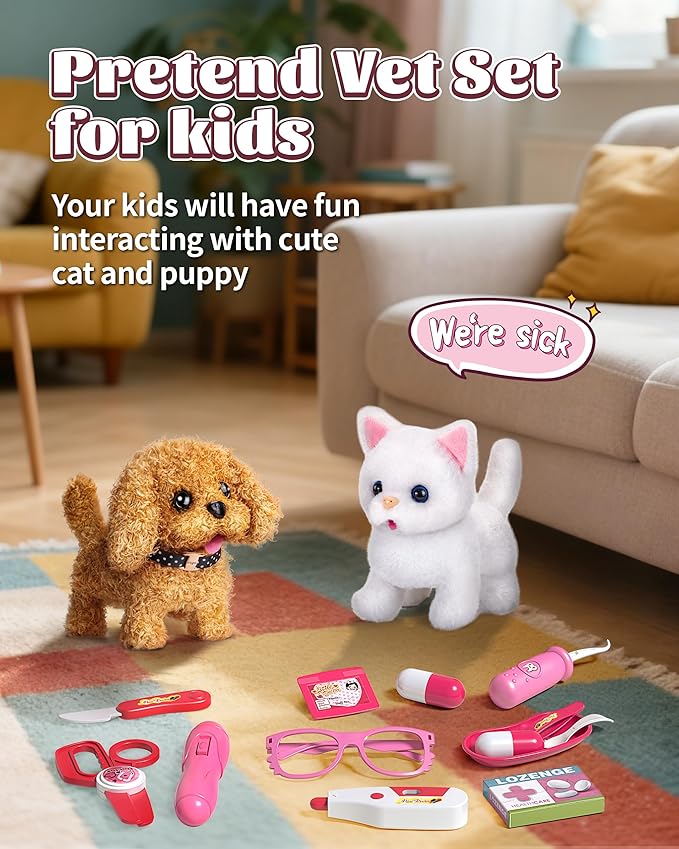 2 Plush Pets Cat & Dog, 36-Piece Vet Doctor Kit for Kids - Toddler Veterinarian Playset with Costume, Doctor and Dental Tools - Educational Pretend Play Toy Gift for Boys & Girls