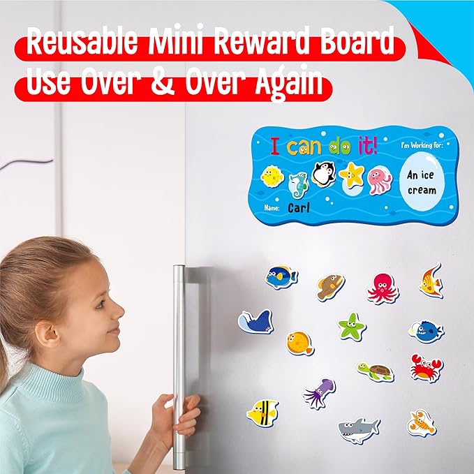 “I CAN DO IT” Token Board, Magnetic Reward Chart with 30 Animal Magnets, Sea-Themed Reward System Board, Incentive Chart for Good Behavior and Responsibility, Great for Toddlers, Kids, Students