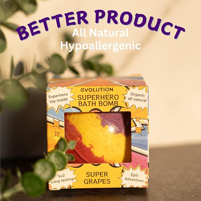 EvolutionUSA 1pc Epic Superhero Bath Bombs for Kids, Super Hero Bath Bomb with Toy Inside, Lush Childrens Bathbomb, Organic Bathbomb with Surprise Inside, Fizzy Fun Superhero Bath Ball Bath Toy