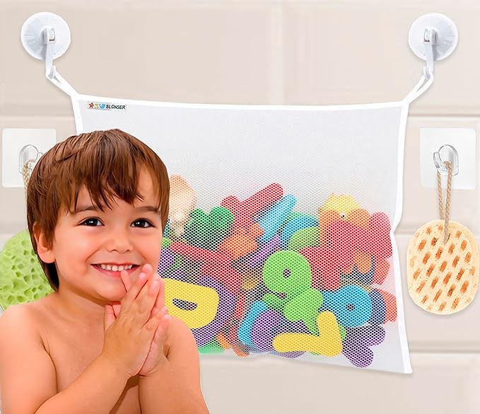 Bath Toy Net 18x16 Inch Kids Bath Tub Toy Holder, Corner Mesh Bag, Baby Bathtub Storage Organizer, Large Bathroom Bucket Bin, Toddler Shower Caddy Hanging Basket, 2 Suction Cups 2 Adhesive Wall Hooks