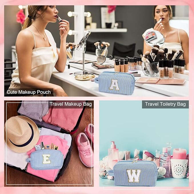 YOOLIFE Blue Cosmetic Travel Makeup Bag - Monogram Cute Initial Makeup Bags Cosmetic Toiletry Pouch Make Up Case for Women Her Best Friend Friendship Teacher, Personalized Birthday Gifts for Women V