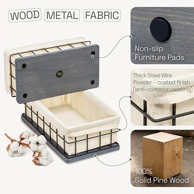 BAOBAB WORKSHOP Set of 2 Metal & Wooden Basket with Liners - Bathroom Basket Organizer & Kitchen Storage Decor - Farmhouse Toilet Paper Baskets for Back of Toilet Tank Tray Topper