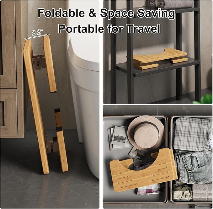 Squatting Potty for Adults Foldable, 7In Bamboo Toilet Stool Squat Adult and Kids, Wood Travel Poop Stool for Bathroom, Wooden Portable Toilet Foot Step, Premium Flip Pooping Potty Stool