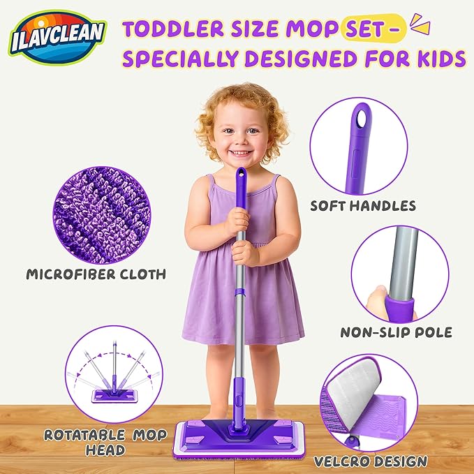 2 Set Toy Mop for Kids - Toddler Real Spray Mop and Flat Floor Mop Montessori Cleaning Toy Set, Educational and Fun Gifts for Boys and Girls Ages 4+
