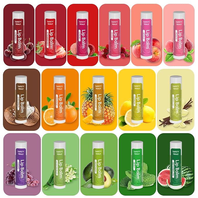 64 Pack Natural Lip Balm Bulk with Vitamin E and Coconut Oil - Moisturizing Dry Cracked Lips, Mini Chap Stick Gifts for Kids Women Men- 16 Flavors - Non-GMO