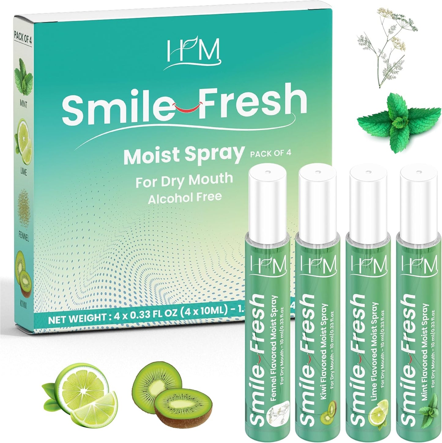 HM - Dry Mouth Flavoured Spray Xylitol - Alcohol Free | Instantly Hydrate & Moisturize | pH Balanced | Promotes Saliva Production & Soothes, Bad Breath | Pack of 4 x 0.33 oz [1.35 Oz]