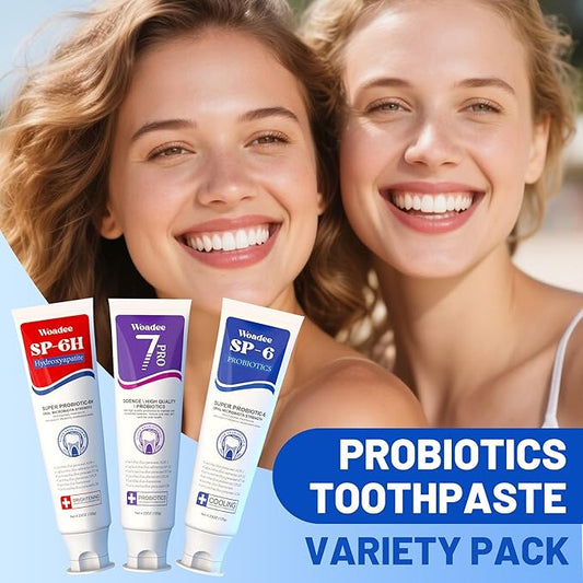 SP-6 Toothpaste Set, 6 Probiotics for Whitening & Cooling Fresh Breath, 7- Pro Intense Whitening, Fluoride-Free, Deep Brigthtening & Freshness (2 Tubes, Blue+Red)
