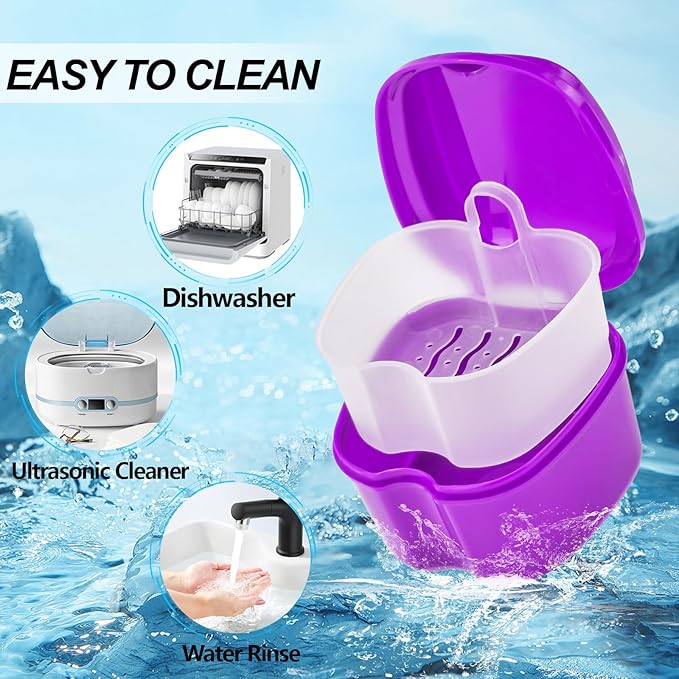 Denture Bath Case Denture Cleaning Cup with Brush Set, 2 Pack False Teeth Container Denture Storage Bath Box Case Retainer Holder Case with Strainer Basket and Lid Waterproof - Purple & Black