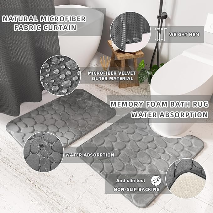26PC Bathroom Accessories Set - Gorgeous Grey Bathroom Set, Bathroom Accessory Set, Shower Curtain Set with Bathtub Mats for Shower Tub, Trash Can & Soap Dispenser