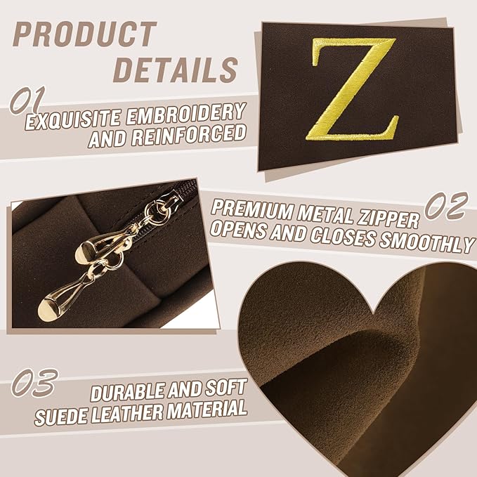 Personalized Initial Makeup Bag,Preppy Suede Cosmetic Bag for Teen Girls,Small Monogram Travel Toiletry Bag With Gold Embroidered Letter,Trendy Stuff Custom Christmas Gift for Women(Coffee-Z)