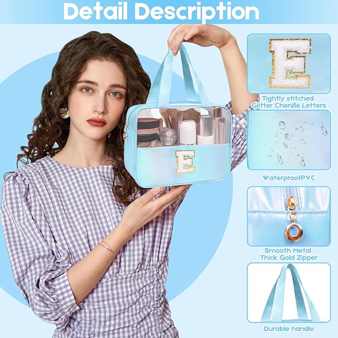 Personalized Initial Clear Makeup Bag Blue Cosmetic Bag Set Large Travel Toiletry Bag, Cute Clear Make Up Bags Organizer Bag for Girlfriend Teacher Gifts Teen Girl Gifts Trendy Stuff J (Blue)