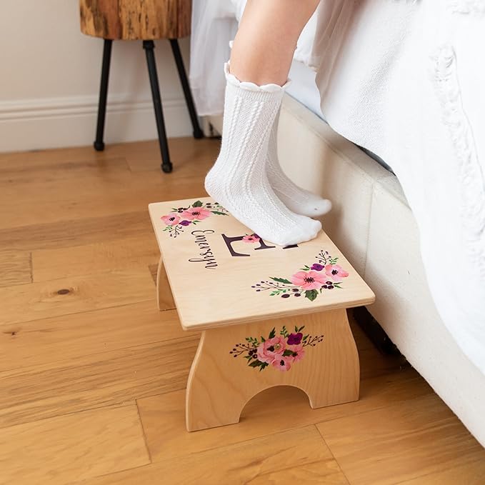 Step Stool for Toddlers- Personalized Wood Kids Step Stool with Name for Kitchen Sink, Bathroom, Potty Training, Toilet, Kitchen Sink- Sturdy and Safe- Made in USA by BloomOwl (Elephant- Coral Floral)