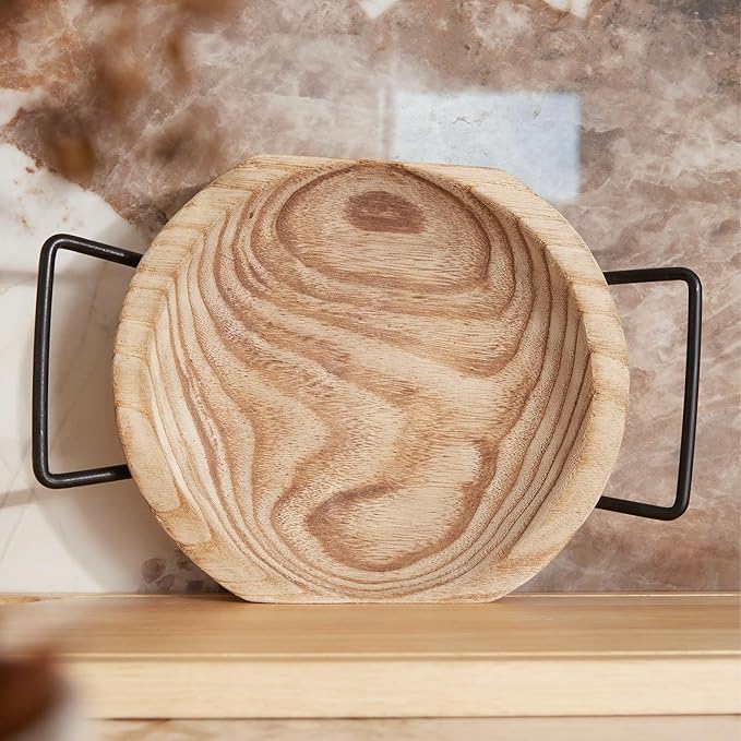 DN DECONATION Round Wooden Tray with Handles, Rustic Wood Ottoman Tray for Coffee Table Bathroom, Trinket Trays Decor for Home & Living Room Decor Farmhouse Perfume Organizer