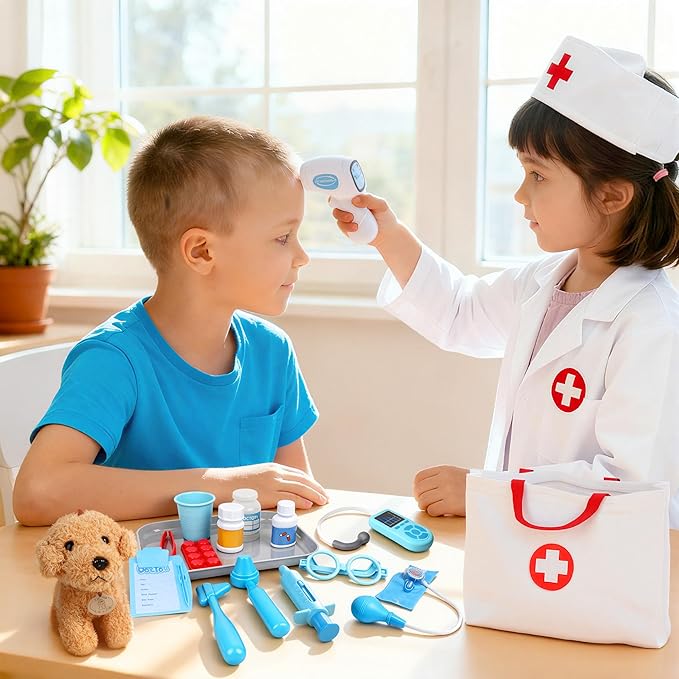 Doctor Kit for Toddlers 3-5 - Play Veterinarian Set Toys for 3 4 Year Old Boys Girls, Pretend Play Medical Kit with Dog, Bag, Costume, Stethoscope, Birthday Christmas Stocking Stuffers Gifts for Kids