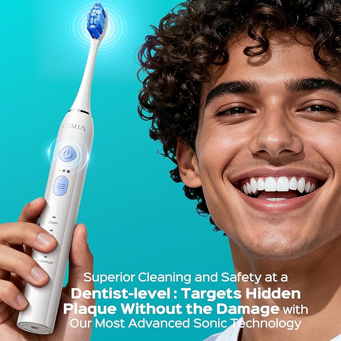 COSLUS Sonic Electric Toothbrush for Adults & Kids: 3 Intensities 5 Modes Gum-Friendly for Deep Cleaning & Whitening - 2 Types of Heads for Family, Sensitive Teeth, Braces, Travel & Home Use, White
