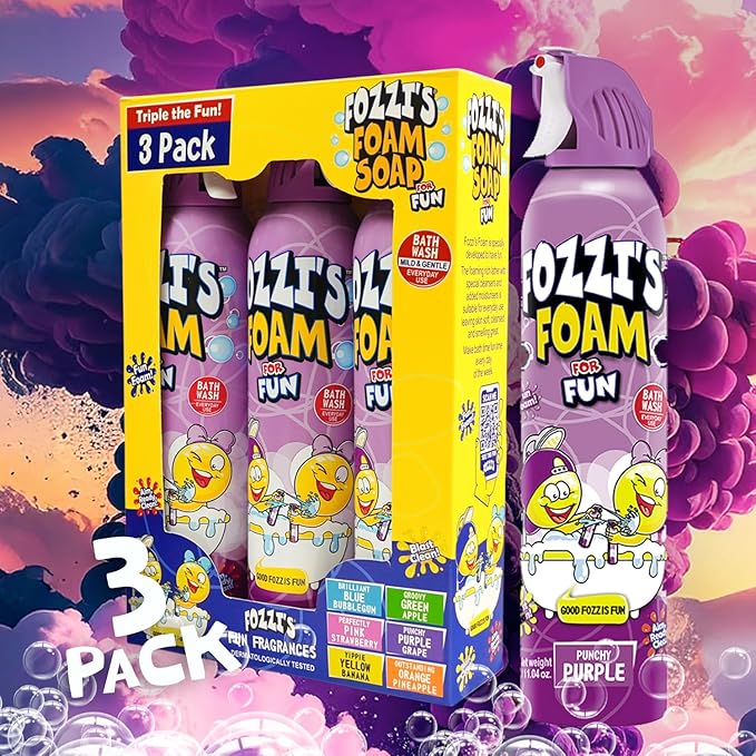 FOZZI’S Punchy Purple Bath Foam Soap for Kids (3 Pack) - Fun Aerosol Spray - Squishy Bubble Soap for Playtime - Gentle Cleanser Foaming Body Wash - Safe Bath Fun for Everyday Wash