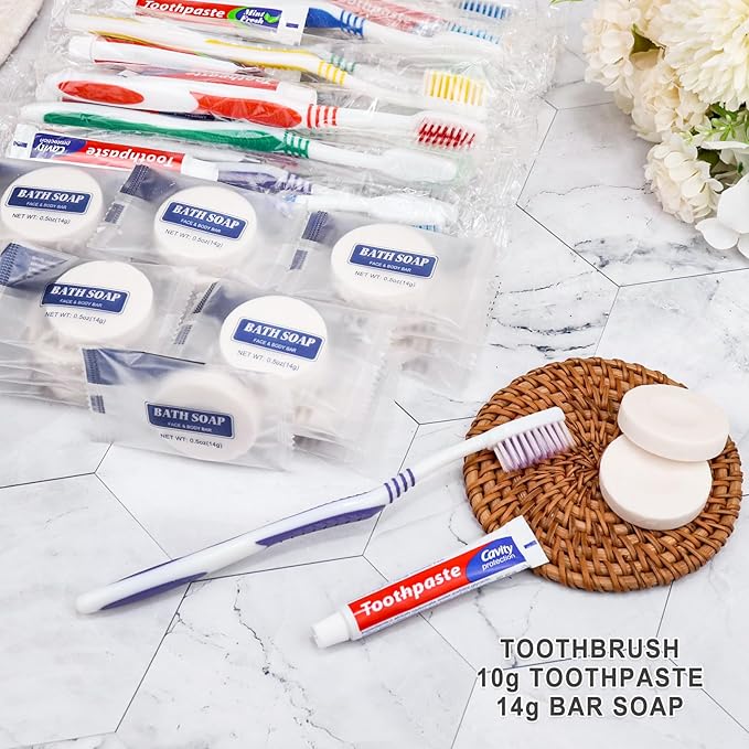 25 Set Disposable Toothbrushes with Toothpaste and Soap Individually Wrapped, 25 pcs Toothbrushes, 5 Colors with 25 pcs Bar Soap(0.5 oz)