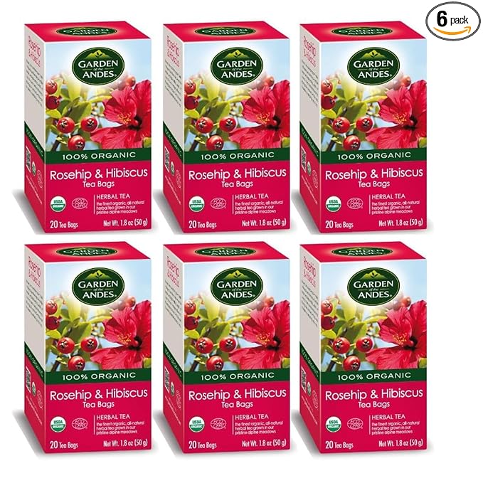 Garden of the Andes - Organic Rosehip & Hibiscus Tea - 6 Pack (20 Tea Bags/Box, 120 Total) - Caffeine-Free Double-Chamber Glue-Free Tea Bags - Natural Vitamin C and Antioxidants