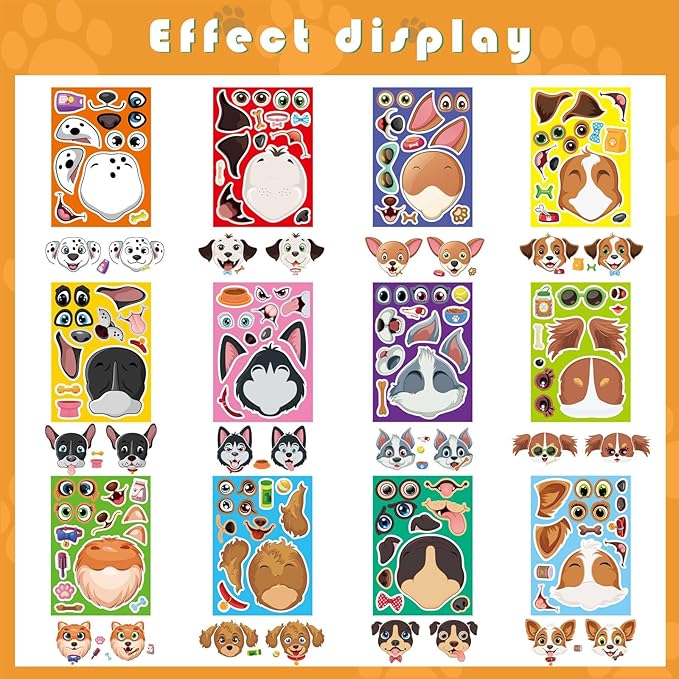 48 Sheets Dog Stickers,Make a Face Stickers for Kids, Make Your Own Dog Sticker, Animal Sticker for Kids 3-5, Brithday Gift Party Favors, Teacher Reward Classroom Games Craft