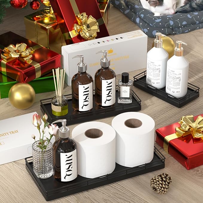 Oak Bathroom Toilet Tank Tray, 13" Wood Toilet Paper Storage Basket Back of Toilet Basket Organizer, Vanity Tray for Perfume Makeup Candle Kitchen Counter Coffee Table Black Tray Decor