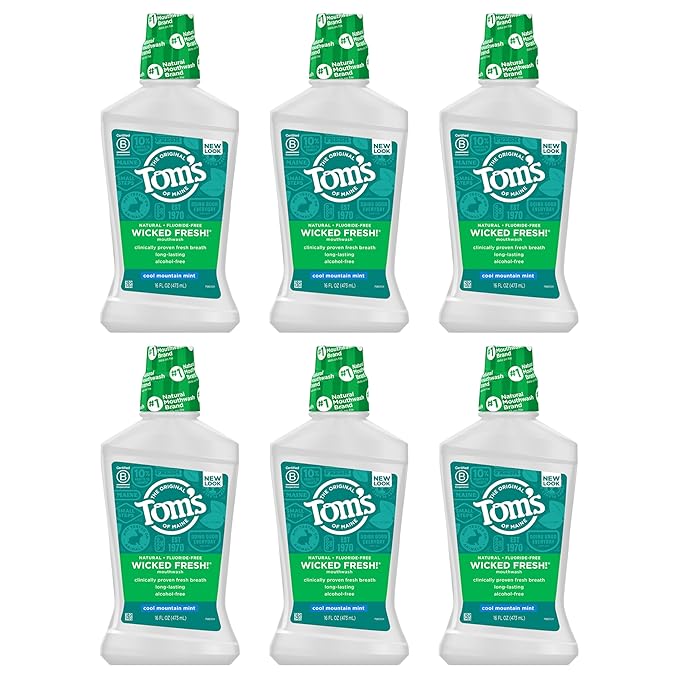 Tom's of Maine Natural Wicked Fresh Alcohol-Free Mouthwash, Cool Mountain Mint, 16 oz. 6-Pack (Packaging May Vary)