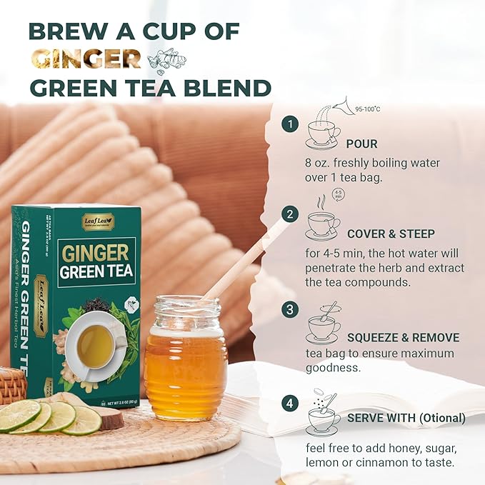 LeafLea Ginger Green Tea, 40 Individually Wrapped Tea Bags of Soothing Green Tea Blend with Natural Ginger Root, Sweetened with Stevia, Supports Digestion and Immunity, Low Caffeine, Sugar-Free