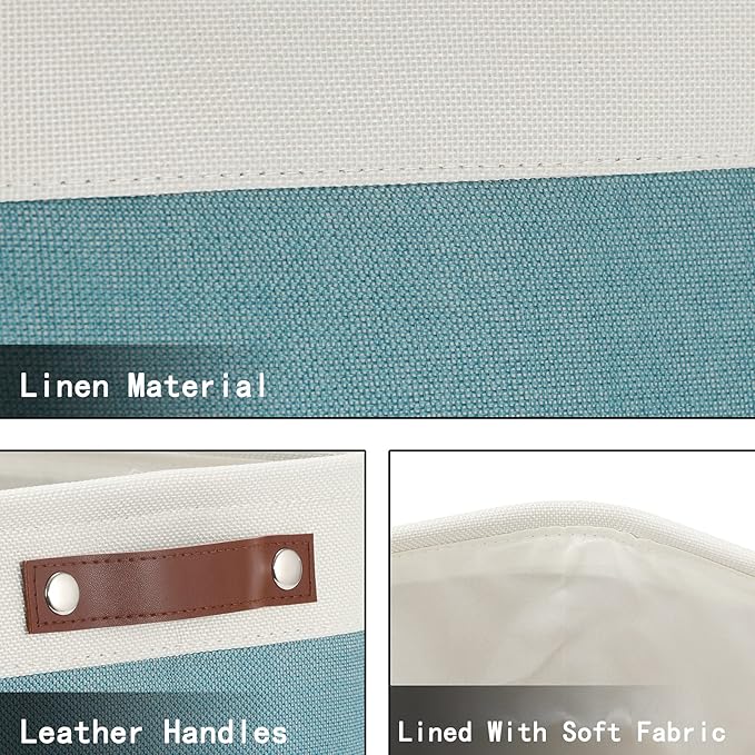 HNZIGE Storage Baskets Bins (3 Pack) Large Shelf Baskets for Clothes, Decorative Storage Bins with Handles, Canvas Collapsible Storage Bins for Organizing Storage (Gray&Teal, 15" X 11" X 9.5")