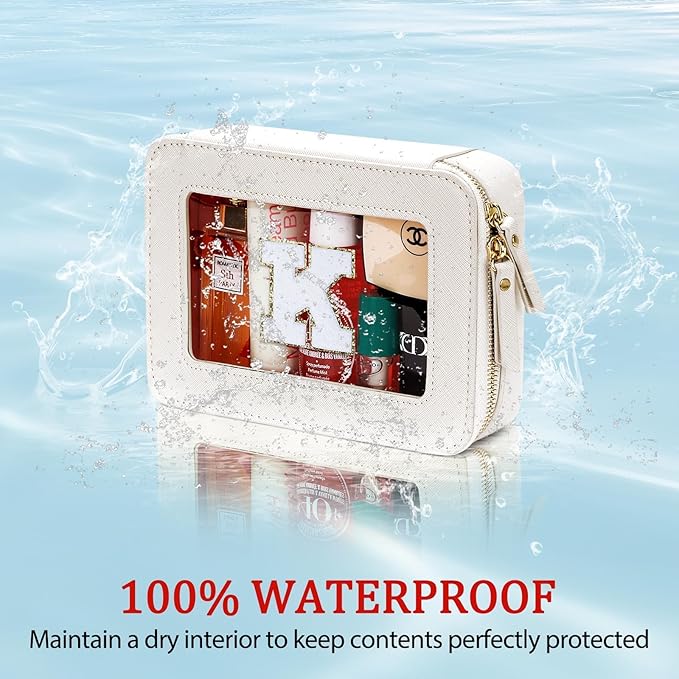 Initial Travel Toiletry Bag - Cosmetic Bags for Girls with Zipper, Clear & Potable Makeup Bag for Travel, Cosmetic Pouch Perfect Gifts for Graduation (Beige, K)