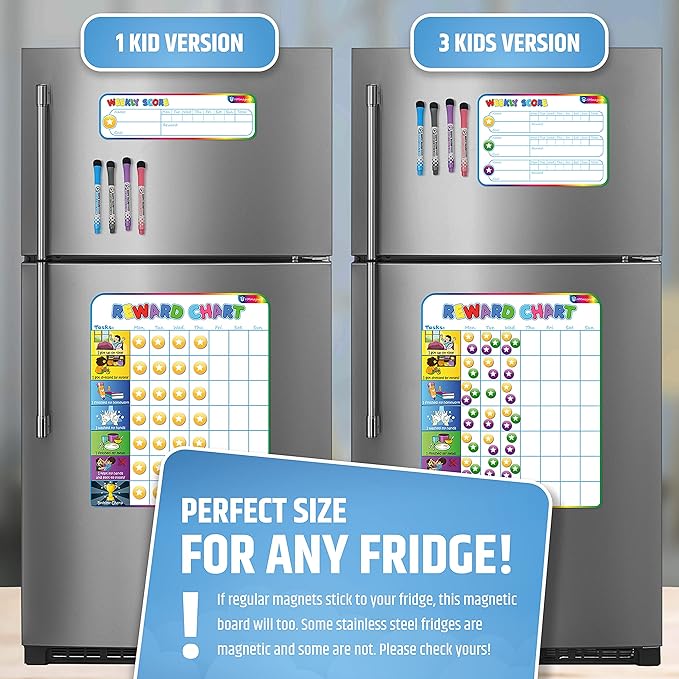 Large Magnetic Reward Chart for Multiple Kids (1-3 Kids) - 127 Pre-Written Stickers (Including Potty Training) + 30 Custom Chores - Behavior, Responsibility & Incentive Star Chart for Your Fridge